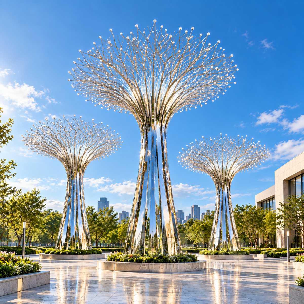 Large stainless steel light tree sculpture in daylight