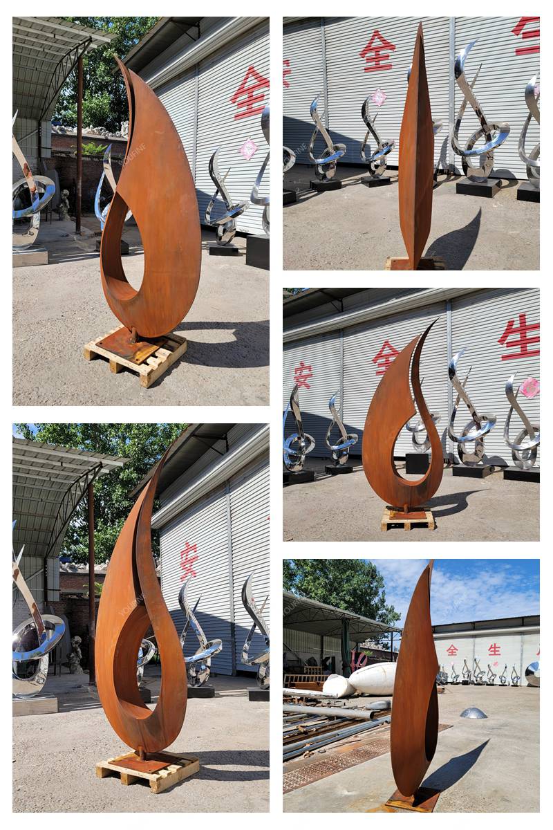 corten steel abstract sculpture in factory