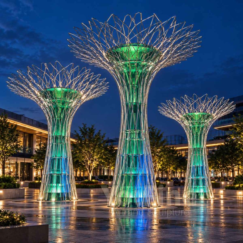 Large Stainless Steel Tree Sculpture with Lighting for Public Plaza