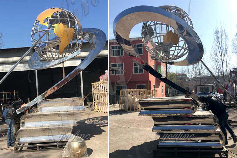 Contemporary Polished Stainless Steel Globe Sculpture with Books for Sale CSS-06 - Application Place/Placement - 1