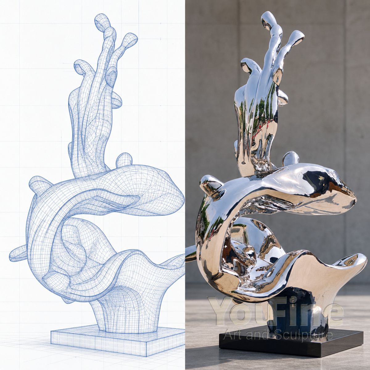 Mirror Polished Stainless Steel Wave Sculpture for Water Landscape - Abstract Water Sculpture - 4 Mirror Polished Stainless Steel Wave Sculpture