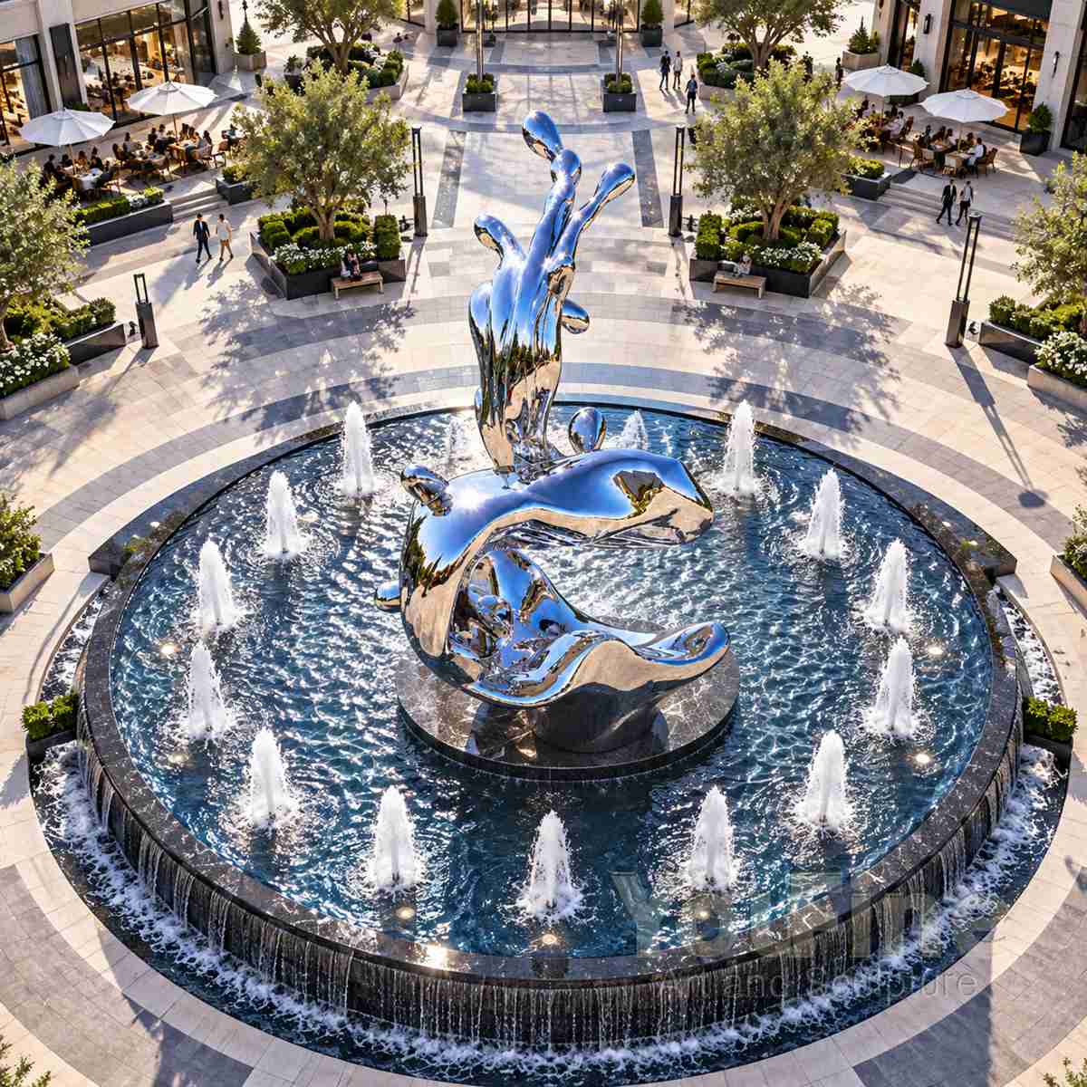 Mirror polished wave sculpture in a large outdoor water landscape