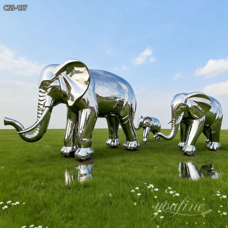 Polished Large Stainless Steel Elephant Sculptures CSS-137 - Metal Elephant Sculpture - 3 modern Polished Large Stainless Steel Elephant Sculptures