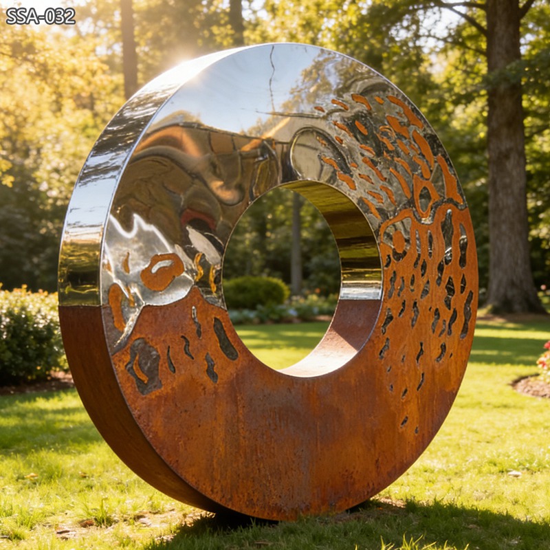 Modern Abstract Ring Sculpture with Stainless Steel and Corten Steel