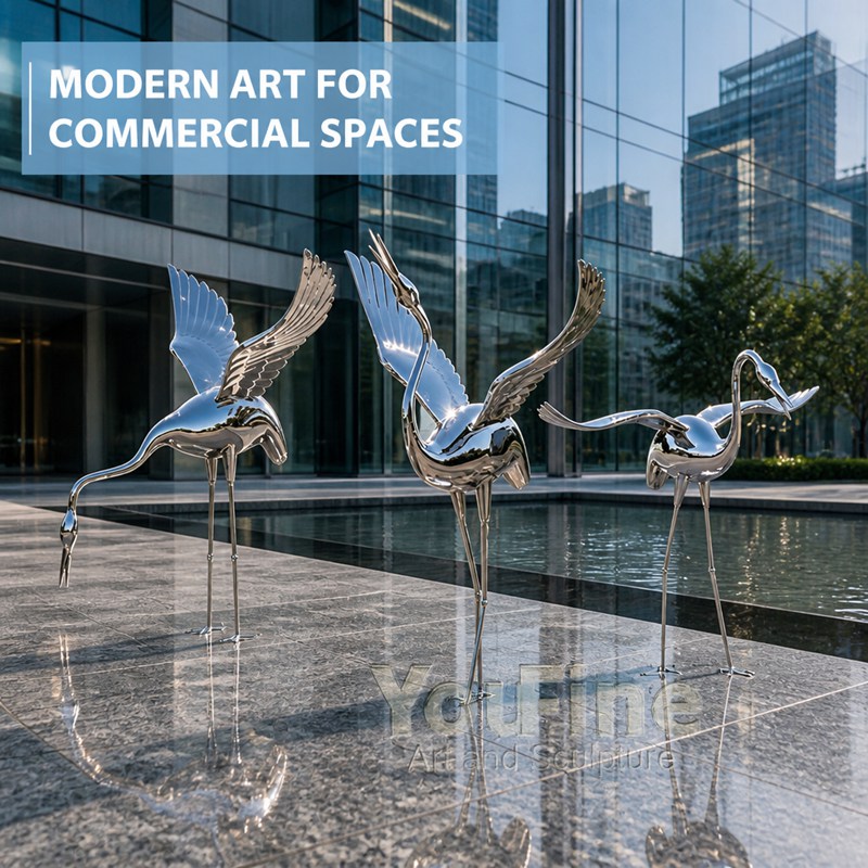 Modern High Polished Art Metal Crane Statue for Sale CSS-158 - Metal Animal Sculpture - 3 Modern High Polished Art Metal Crane Statue