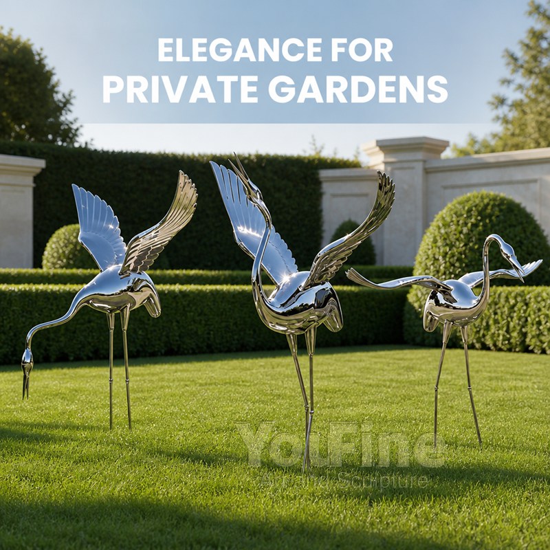 Modern High Polished Art Metal Crane Statue for Sale CSS-158 - Metal Animal Sculpture - 1 Modern High Polished Art Metal Crane Statue