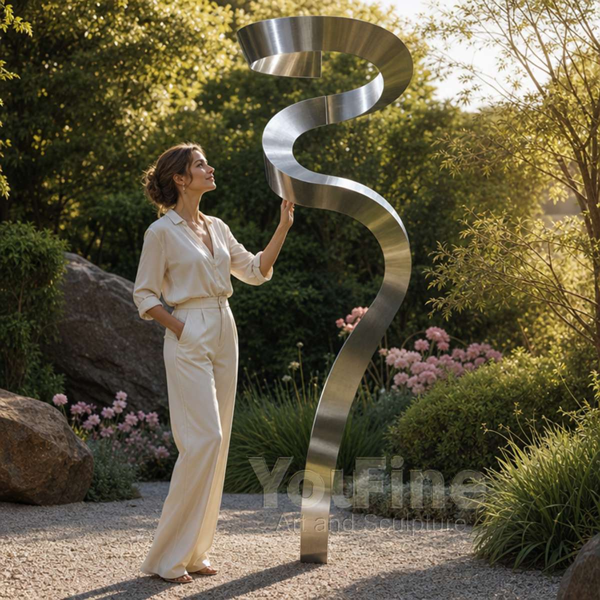 Contemporary Stainless Steel Garden Sculpture Abstract Ribbon Art