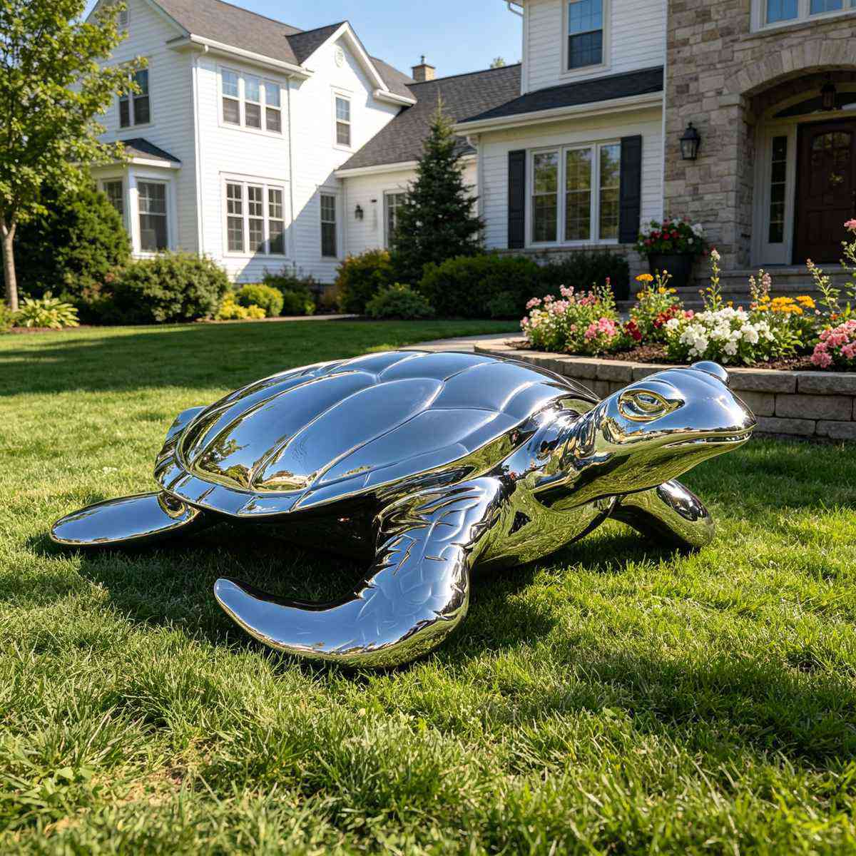 High Polished Modern Metal Outdoor Turtle Sculpture - Garden Metal Sculpture - 2 mirror polished Modern stainless steel Outdoor Turtle Sculpture