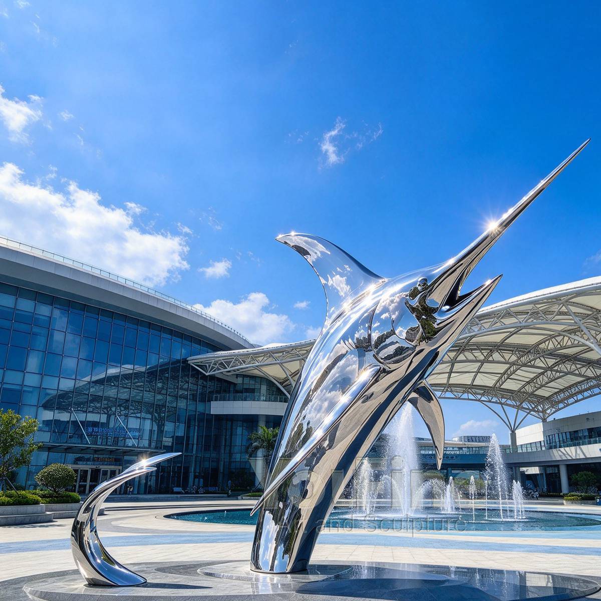 Large Mirror Polished Stainless Steel Marlin Sculpture for square