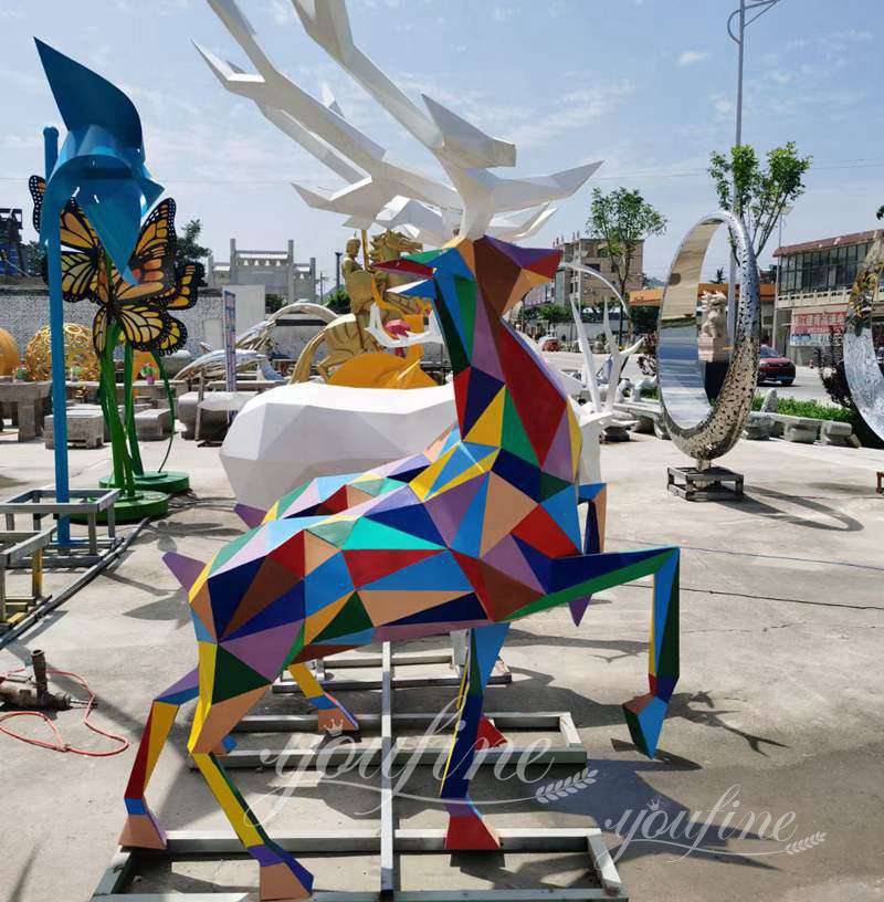 colorful geometric metal deer sculpture