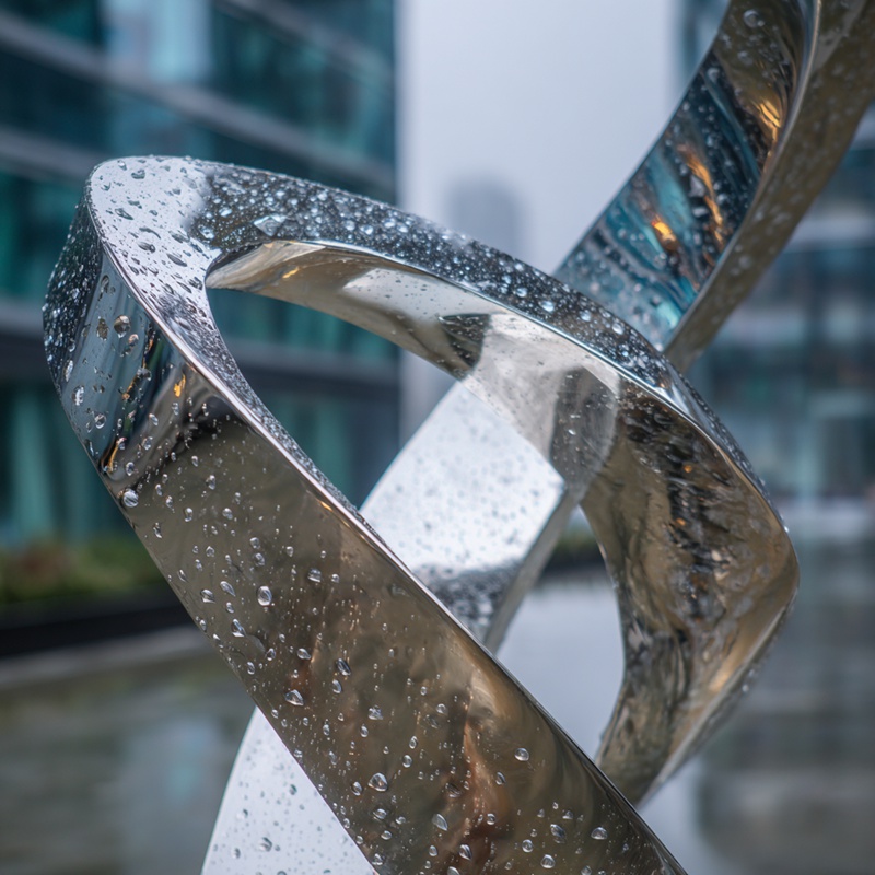 modern stainless steel sculpture in raining