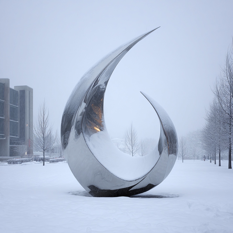modern stainless steel sculpture in snow