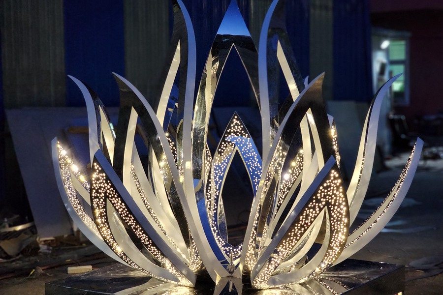 Metal Water Feature Sculpture Fountain - - 2 stainless steel lotus sculpture