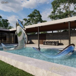Modern Polished Stainless Steel Whale Sculpture Poolside Decor
