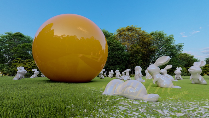Stainless Steel Rabbit Garden Sculpture with Ball Lawn Ornament