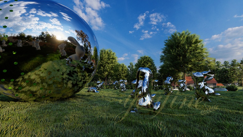 Stainless Steel Rabbit Garden Sculpture with Ball Lawn Ornament