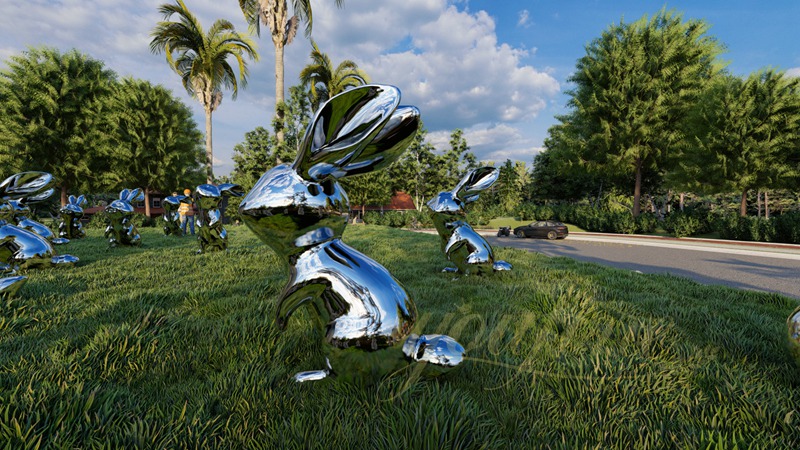 Stainless Steel Rabbit Garden Sculpture with Ball Lawn Ornament
