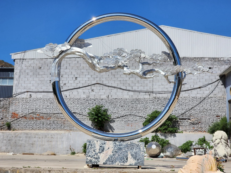 Large Tree in Circle Modern Stainless Steel Sculpture for Outdoor
