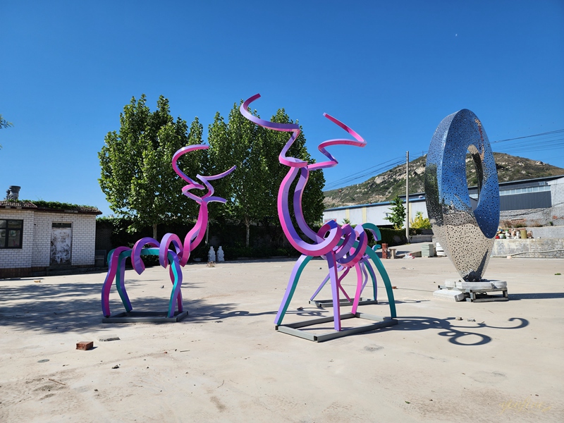Stainless Steel Abstract Line Deer Sculpture in Purple and Blue - Garden Metal Sculpture - 1