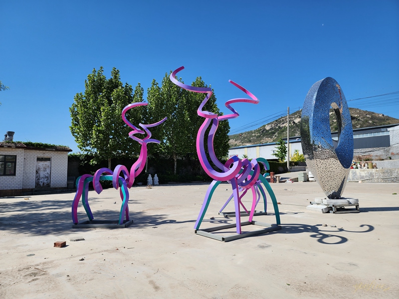 Stainless Steel Abstract Line Deer Sculpture in Purple and Blue 