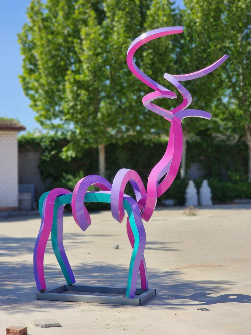 Stainless Steel Abstract Line Deer Sculpture in Purple and Blue 