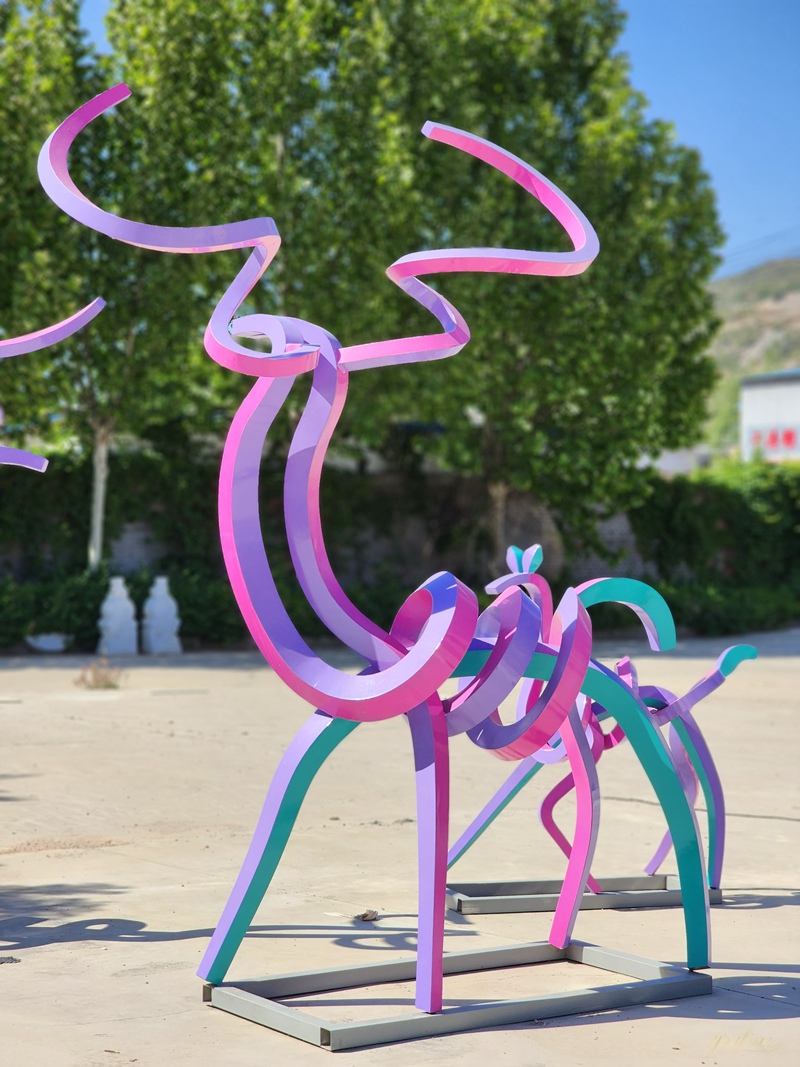 Stainless Steel Abstract Line Deer Sculpture in Purple and Blue - Garden Metal Sculpture - 3