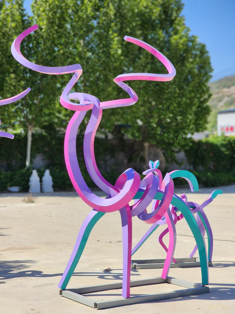 Stainless Steel Abstract Line Deer Sculpture in Purple and Blue 