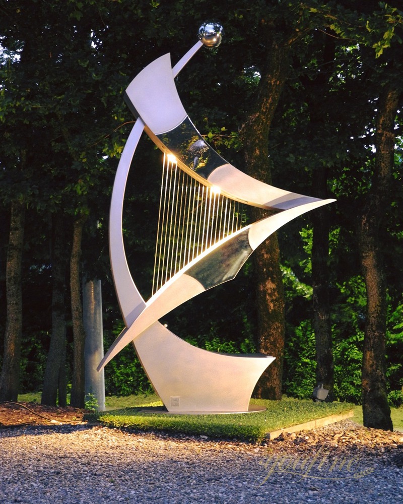 Modern Stainless Steel Harp Sculpture with Lighting - Abstract Water Sculpture - 1