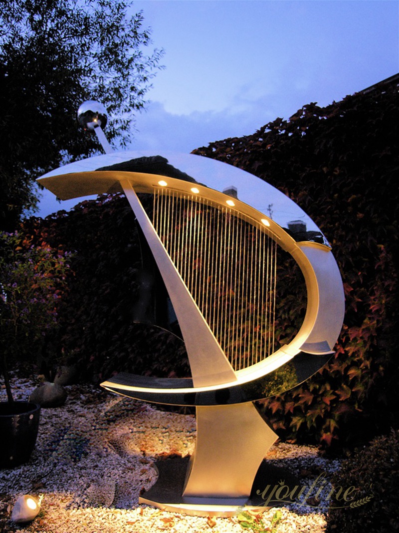 Modern Stainless Steel Harp Water Feature Sculpture with Lighting