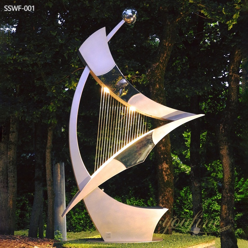 Modern Stainless Steel Harp Water Feature Sculpture with Lighting