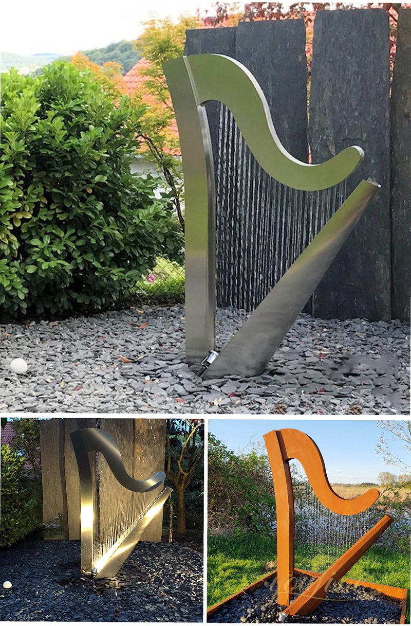 Modern Stainless Steel Harp Sculpture with Lighting - Abstract Water Sculpture - 3