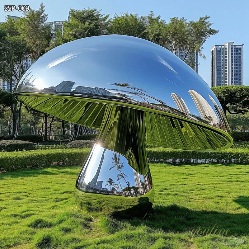 Large Polished Stainless Steel Mushroom Sculpture for Garden