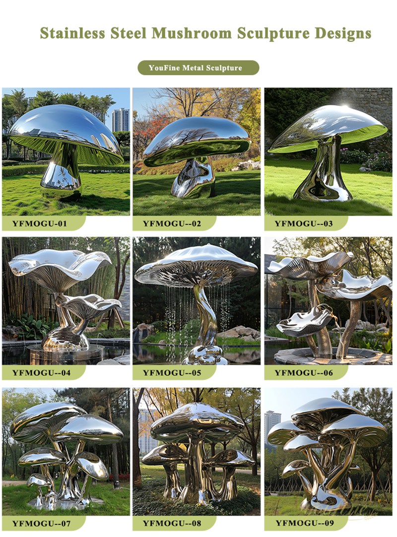 Large Polished Stainless Steel Mushroom Sculpture for Garden