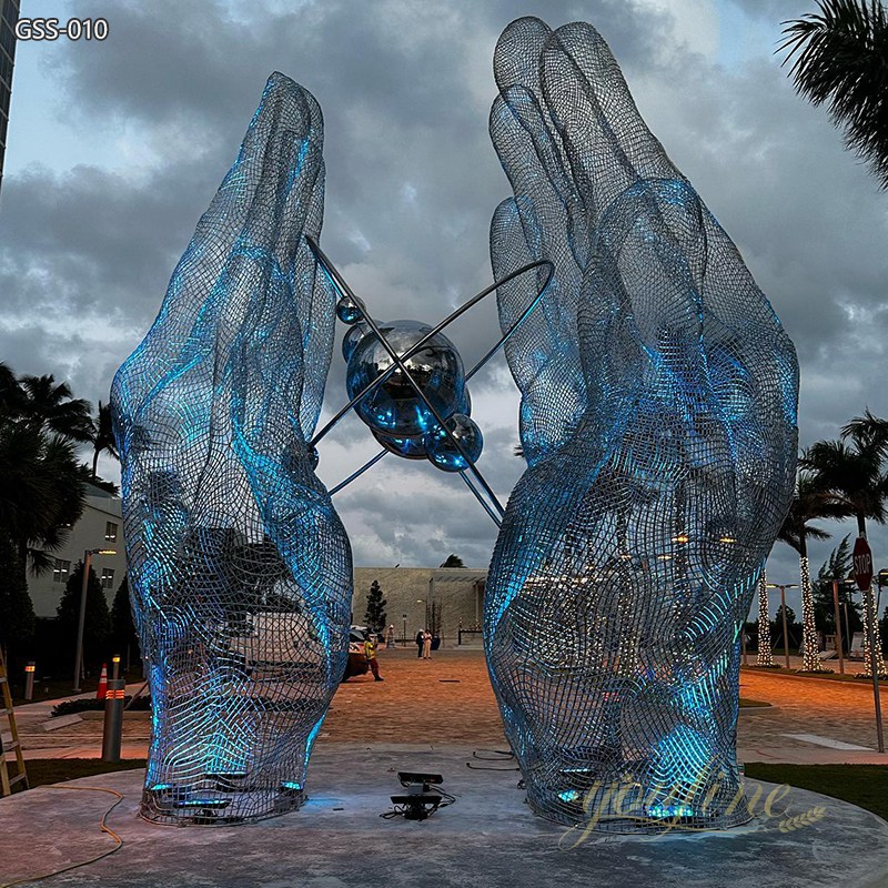 Public Wire Mesh Stainless Steel Hand Sculpture with Light