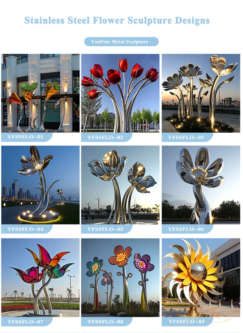 Mirror polished stainless steel flower sculpture for square