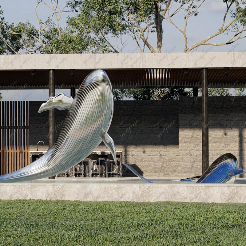 modern metal whale sculpture made of stainless steel