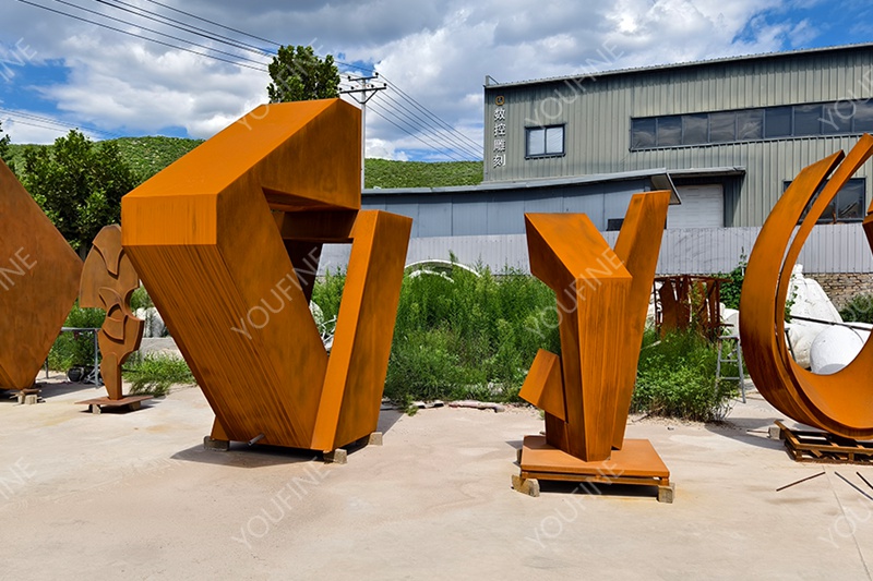 some corten steel abstract sculptures