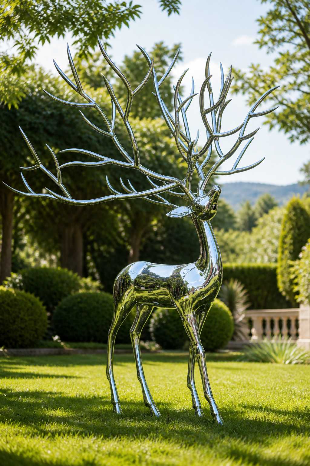 large stainless steel deer sculpture for a lawn