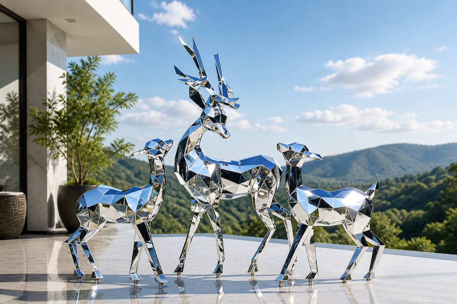 metal deer sculpture overlooking a terrace landscape