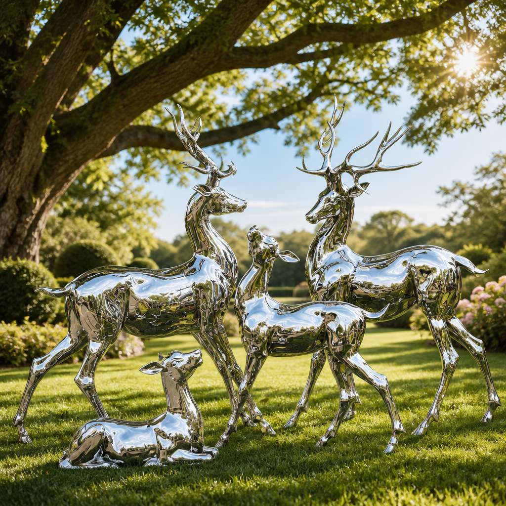 outdoor stainless steel deer sculpture on a park lawn
