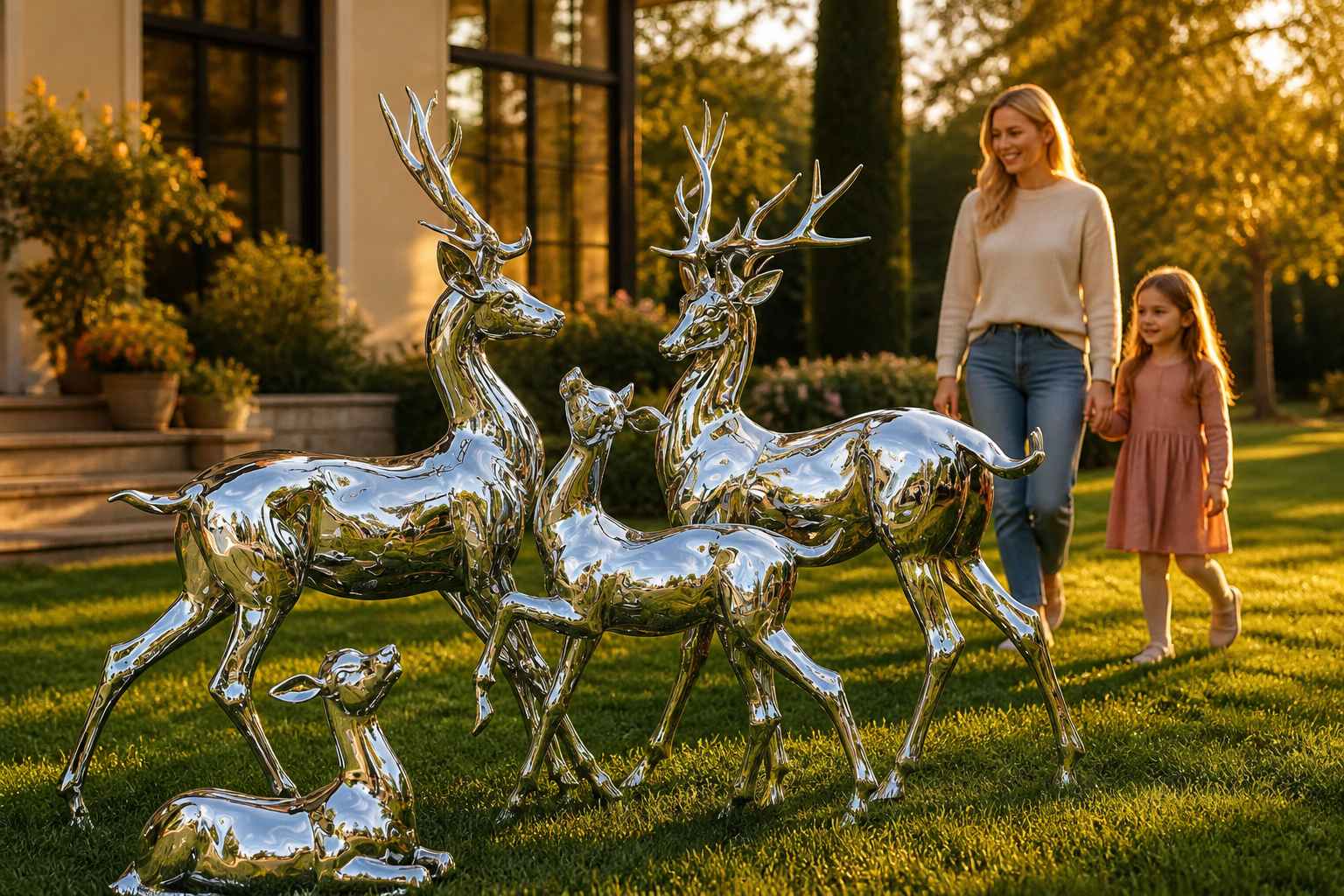 stainless steel deer sculpture family in a villa garden