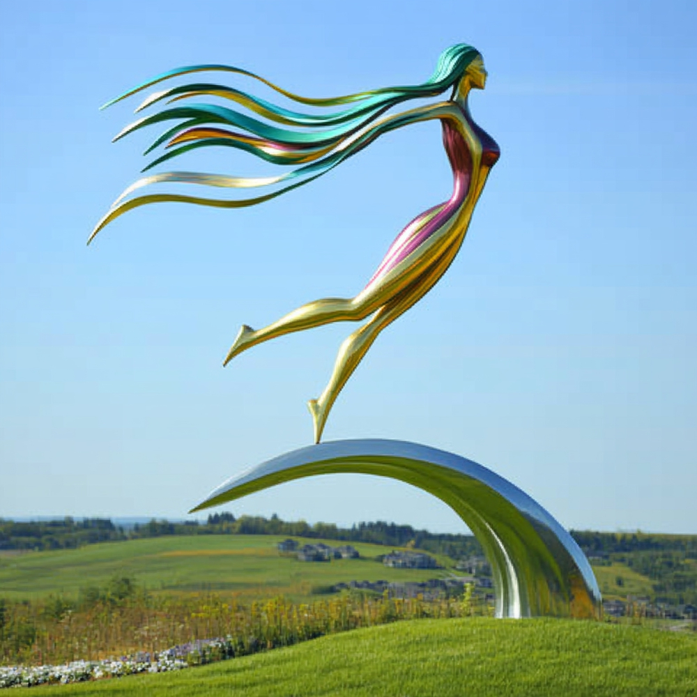 public colorful stainless steel abstract figure sculpture
