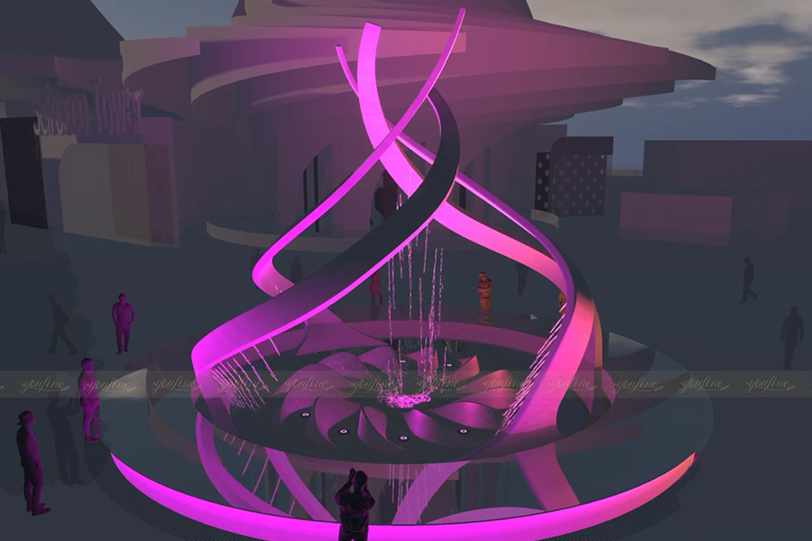 modern 3D drawing of stainless steel abstract fountain sculpture with lighting