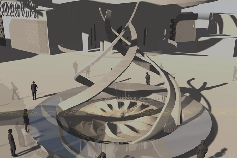 modern 3D drawing of stainless steel abstract fountain sculpture