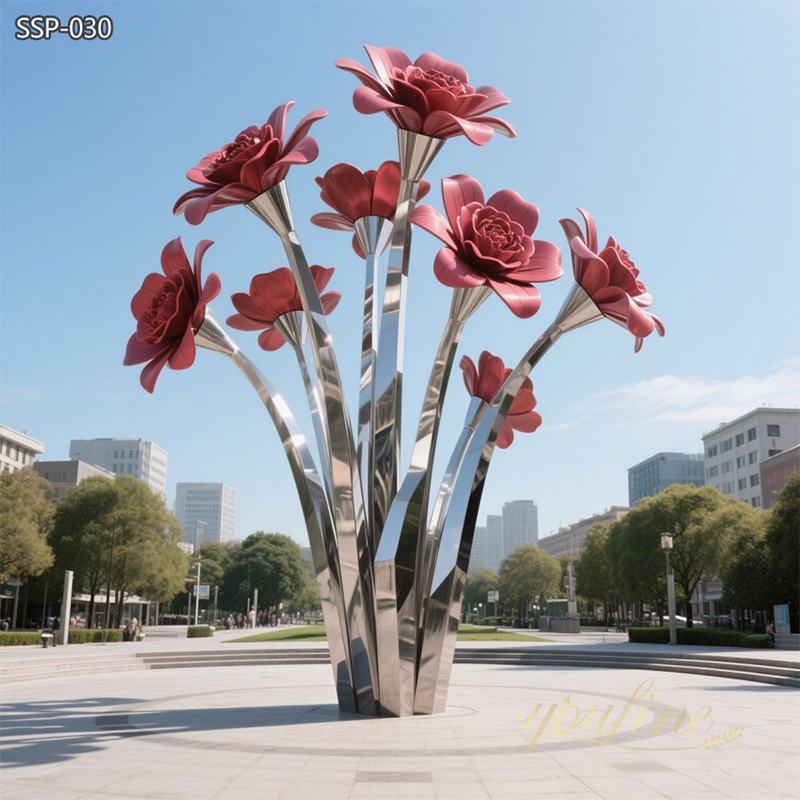 stainless steel Oversized Outdoor Metal Red Flower Sculptures