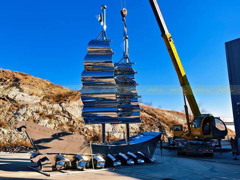 Stainless Steel Huge Sailing Ship Sculpture Project for Roundabout - - 11 mirror polished Stainless Steel Huge Sail Sculpture Project for Roundabout