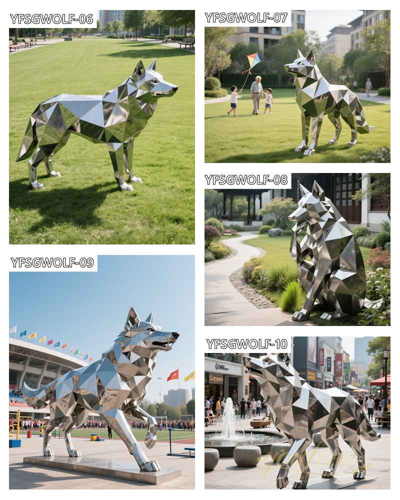 geometric modern stainless steel sculpture with wolf design