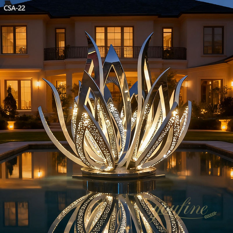 lighting Stainless Steel Lotus Flower Fountain Water Feature Sculpture 