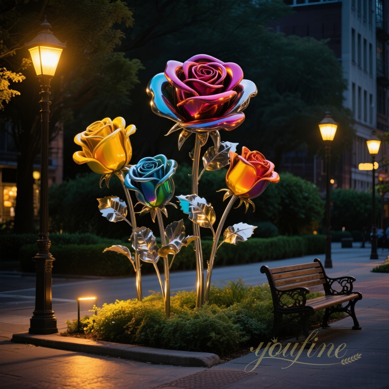 colorful stainless steel rose sculpture at night