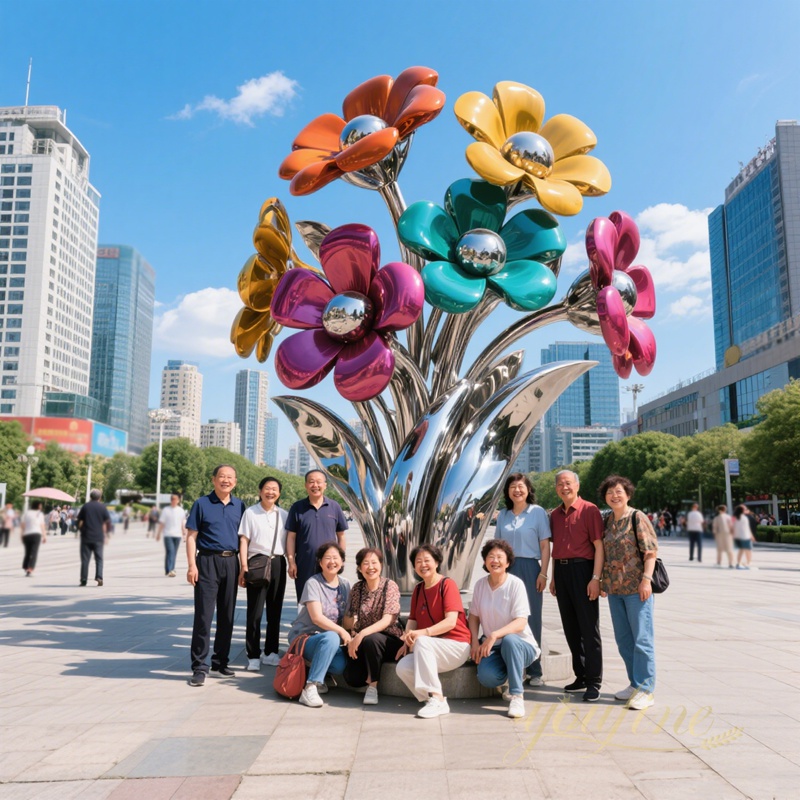 modern large outdoor colorful metal flower sculpture